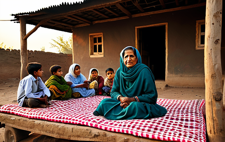 **
"A serene Pakistani village scene at sunset. An elderly woman, fully clothed in a traditional shalwar kameez, sits on a charpai (traditional woven bed) in front of her mud house. She's surrounded by children in modest clothing, listening attentively as she tells a story. The scene is bathed in warm, golden light. Family-friendly, safe for work, appropriate content, perfect anatomy, natural pose, professional quality."
**