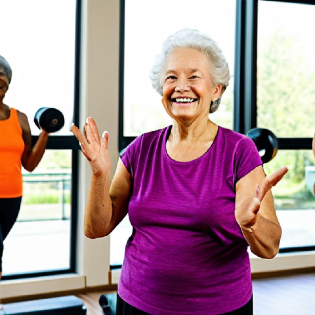 A Healthy Lifestyle**

"A diverse group of senior citizens participating in a light exercise class in a bright, modern community center.  They are fully clothed in comfortable workout attire, smiling and engaged in the activity.  Background includes exercise equipment and large windows with natural light.  Safe for work, appropriate content, fully clothed, modest, family-friendly, perfect anatomy, correct proportions, natural pose, well-formed hands, proper finger count, natural body proportions, professional photography, high quality."

**