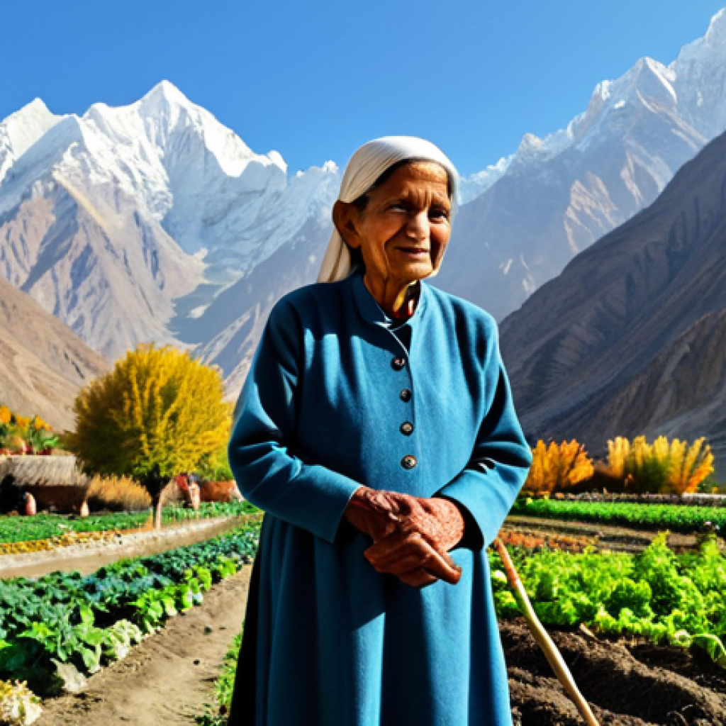 **Prompt:** A serene landscape featuring the Hunza Valley in autumn, Pakistan. An elderly woman in traditional, fully clothed, modest attire is tending to an organic vegetable garden, with the towering mountains in the backdrop. Clear blue skies. Safe for work, appropriate content, family-friendly, professional photography, perfect anatomy, natural proportions, well-formed hands, proper finger count, natural body proportions. This image evokes a sense of healthy living and connection with nature.