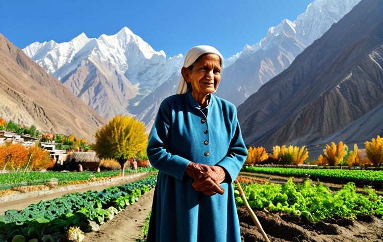 **Prompt:** A serene landscape featuring the Hunza Valley in autumn, Pakistan. An elderly woman in traditional, fully clothed, modest attire is tending to an organic vegetable garden, with the towering mountains in the backdrop. Clear blue skies. Safe for work, appropriate content, family-friendly, professional photography, perfect anatomy, natural proportions, well-formed hands, proper finger count, natural body proportions. This image evokes a sense of healthy living and connection with nature.