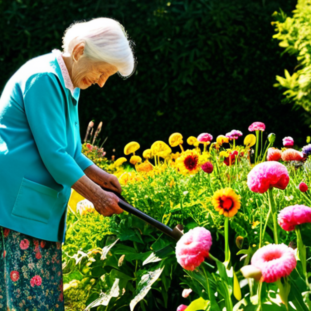 장수 연구에서의 생물학적 마커 - Cellular Energy & Longevity**
"A vibrant, fully clothed, elderly woman tending a garden full of flo...