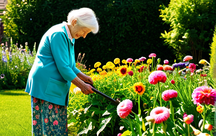 장수 연구에서의 생물학적 마커 - Cellular Energy & Longevity**
"A vibrant, fully clothed, elderly woman tending a garden full of flo...