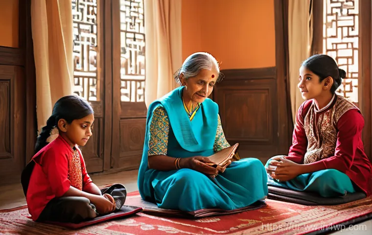 장수와 관련된 지역 사회의 역할 - **Prompt:** A vibrant and bustling South Asian community scene, illustrating mutual support and an a...