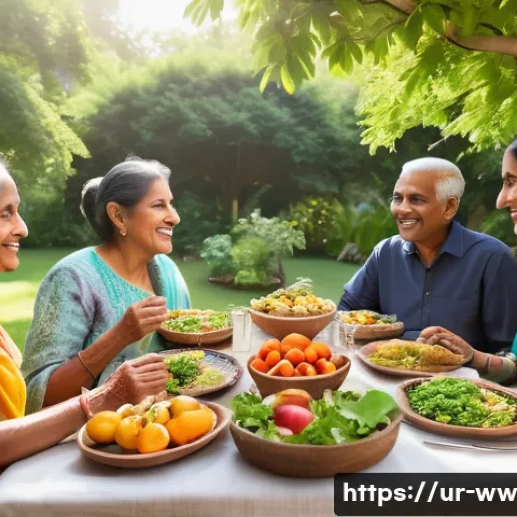 장수 연구의 주요 사례 연구 - A vibrant and peaceful scene of a middle-aged South Asian family enjoying a healthy meal together ou...