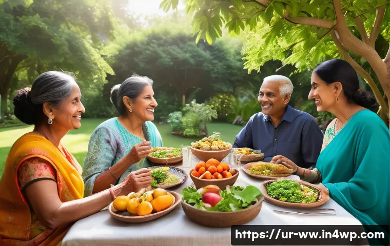 장수 연구의 주요 사례 연구 - A vibrant and peaceful scene of a middle-aged South Asian family enjoying a healthy meal together ou...