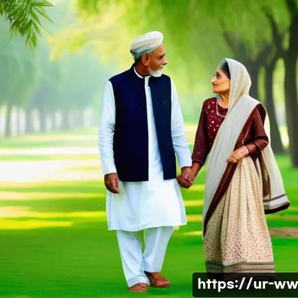 장수 연구의 역사적 배경 - A serene elderly South Asian couple enjoying a peaceful morning walk in a lush green park in Pakista...