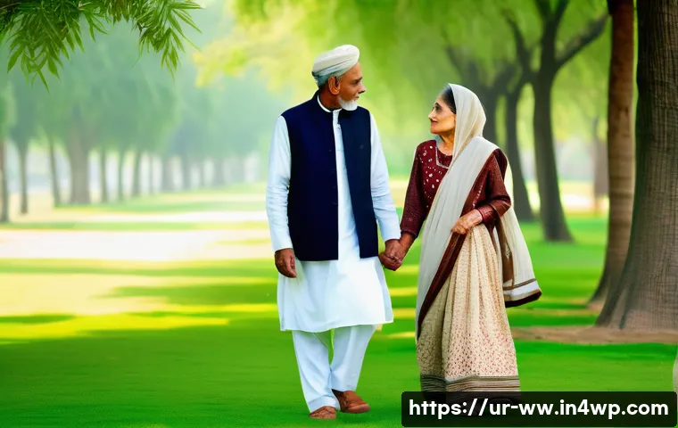 장수 연구의 역사적 배경 - A serene elderly South Asian couple enjoying a peaceful morning walk in a lush green park in Pakista...