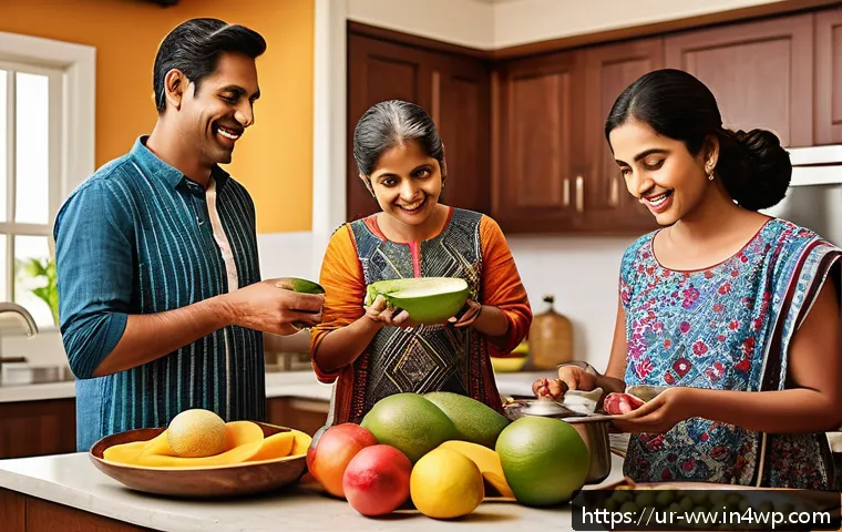 장수와 관련된 불로장생 이론 - A vibrant, culturally rich kitchen scene featuring a South Asian family preparing a balanced meal to...
