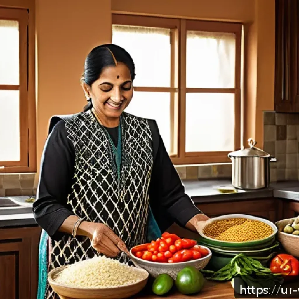 장수 연구의 주요 논문 리뷰 - A vibrant and culturally rich kitchen scene showing a middle-aged South Asian woman preparing a bala...