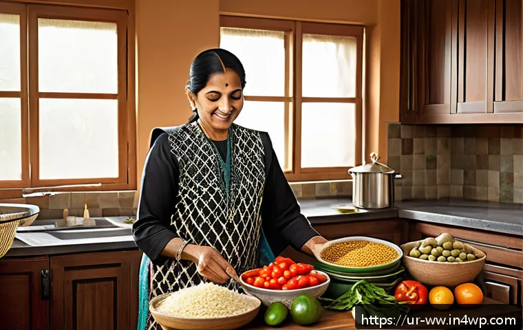 장수 연구의 주요 논문 리뷰 - A vibrant and culturally rich kitchen scene showing a middle-aged South Asian woman preparing a bala...
