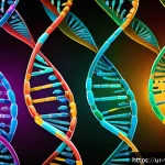 Home 21 장수와 관련된 유전자 발견 사례 - A detailed scientific illustration of human DNA strands intertwined with vibrant colorful gene marke...