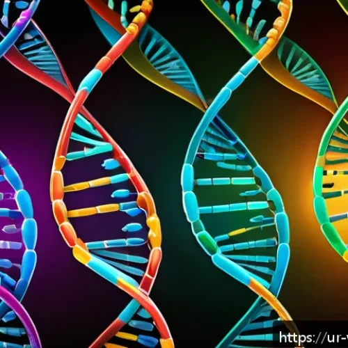 Home 33 장수와 관련된 유전자 발견 사례 - A detailed scientific illustration of human DNA strands intertwined with vibrant colorful gene marke...