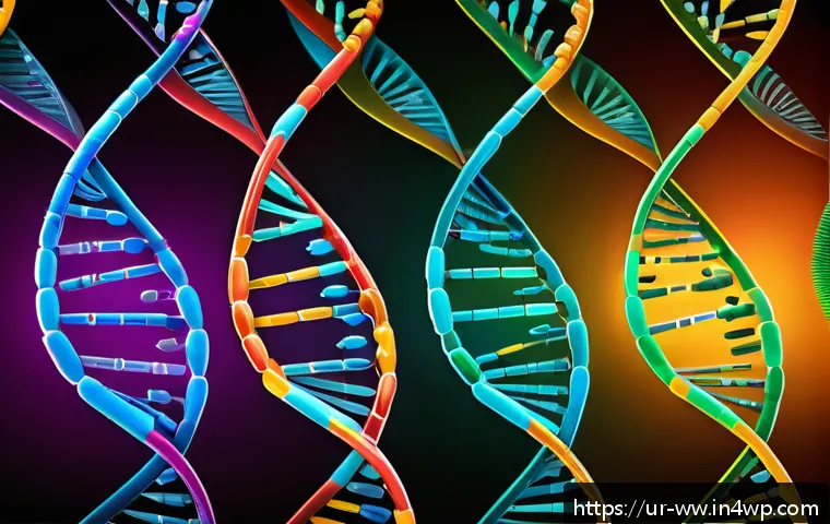 장수와 관련된 유전자 발견 사례 - A detailed scientific illustration of human DNA strands intertwined with vibrant colorful gene marke...