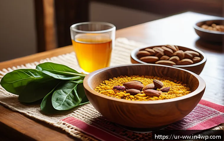 장수할 수 있는 주요 식품 리스트 - A vibrant and detailed still life scene featuring a traditional South Asian breakfast table with a w...