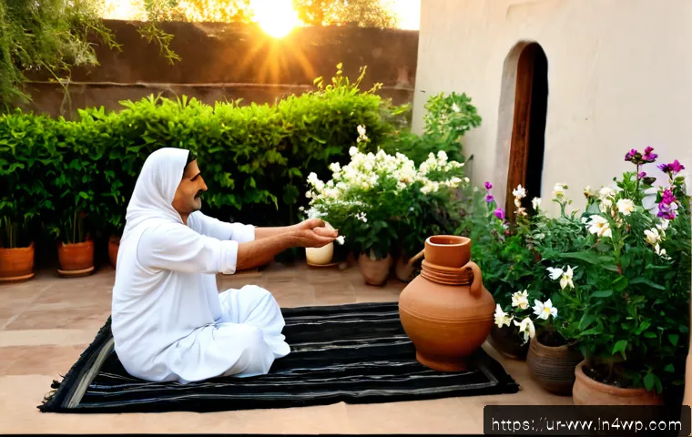 Home 17 장수 연구의 실천적 사례 - Photorealistic morning lifestyle scene in a peaceful Pakistani courtyard garden, an active older Urd...